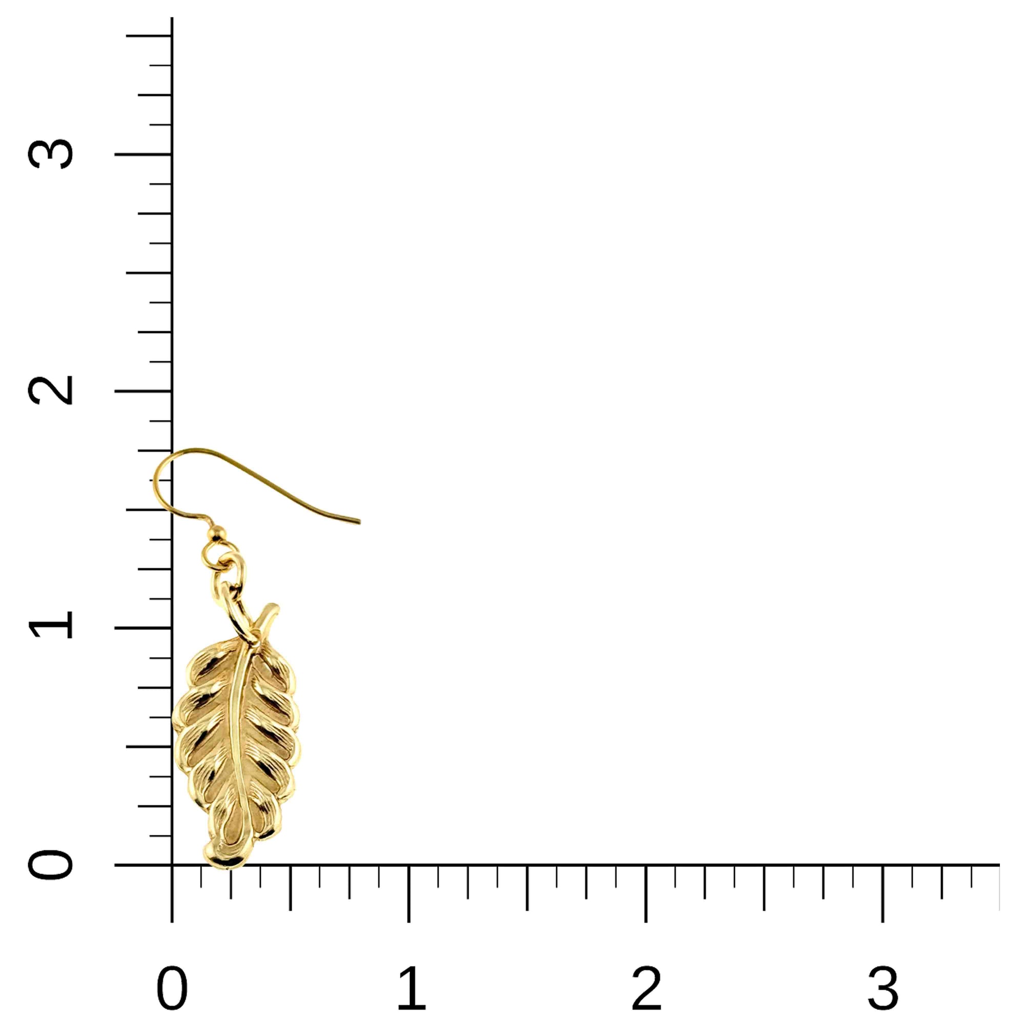 Small Feather Nu Gold Brass Dangle Earring on a ruler for scale