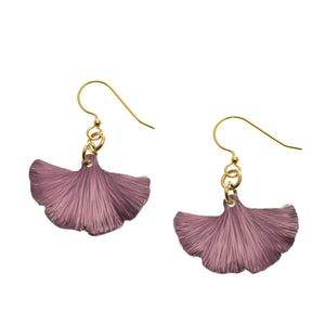 1 of 8: A Pair of Small Mauve Ginkgo Leaf Anodized Aluminum Purple Earrings on a White Background