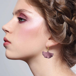 2 of 8: Stunning Woman Wearing Small Mauve Ginkgo Leaf Anodized Aluminum Purple Earrings