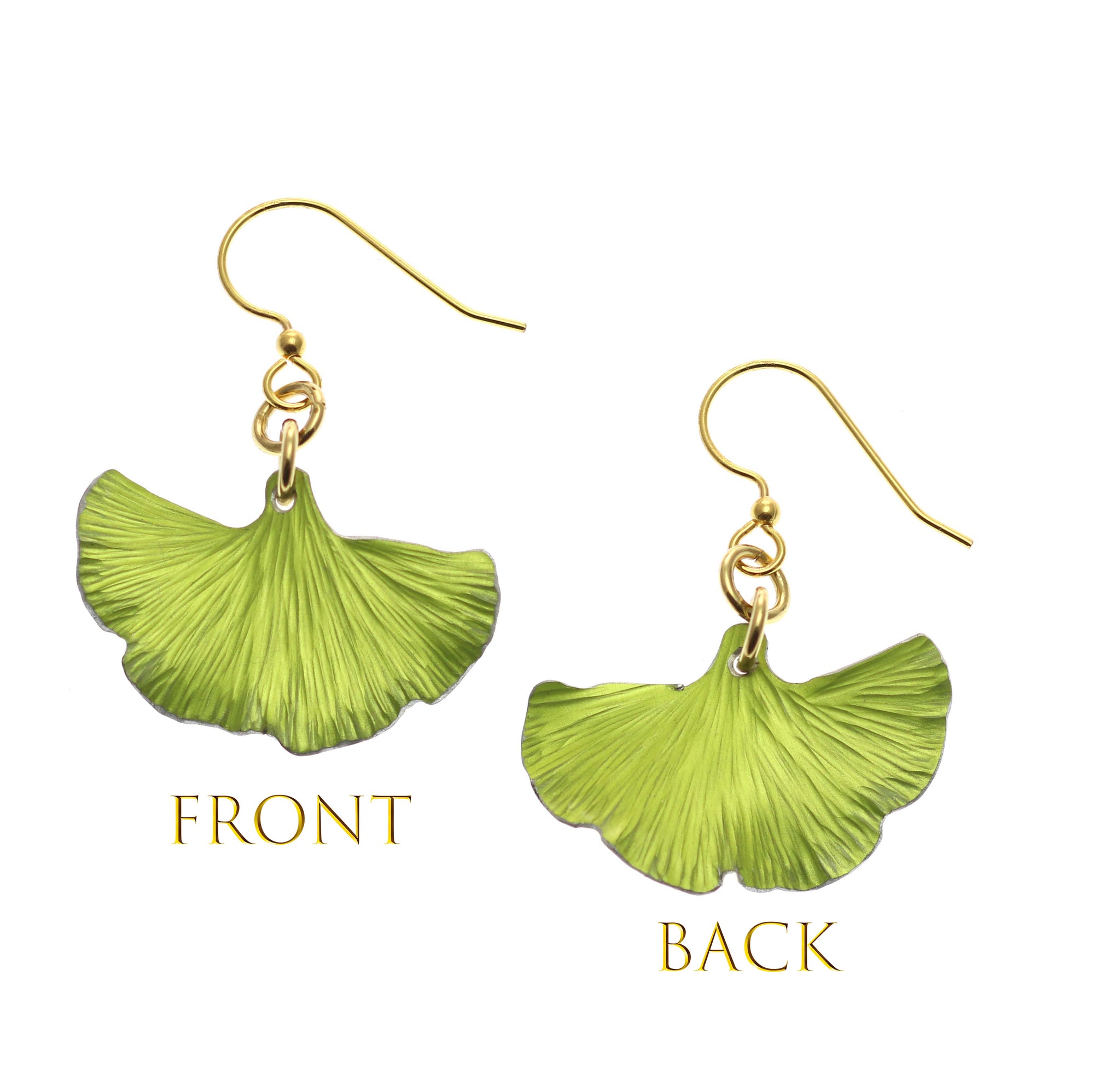 Front and Back View of Small Ginkgo Leaf Anodized Aluminum Sour Candy Apple Earrings