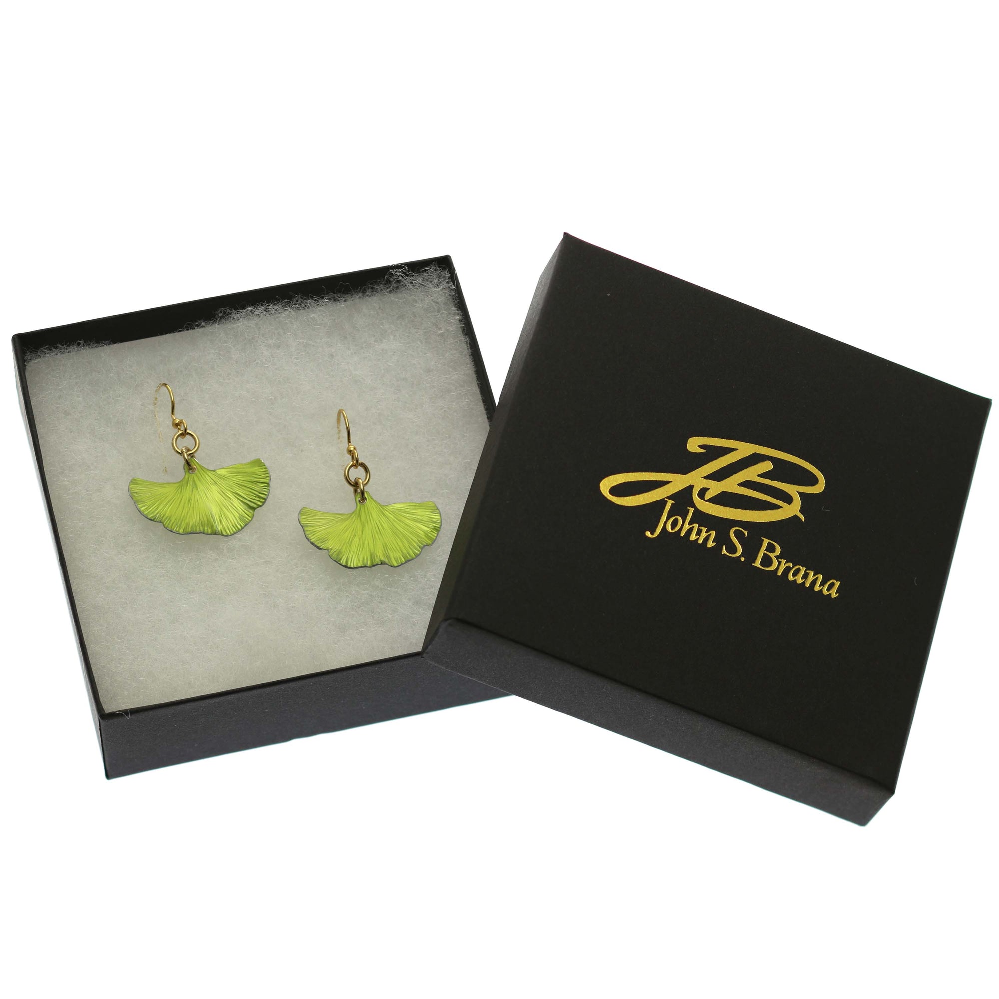 Small Ginkgo Leaf Anodized Aluminum Sour Candy Apple Earrings in a Black Gift Box with Gold Logo