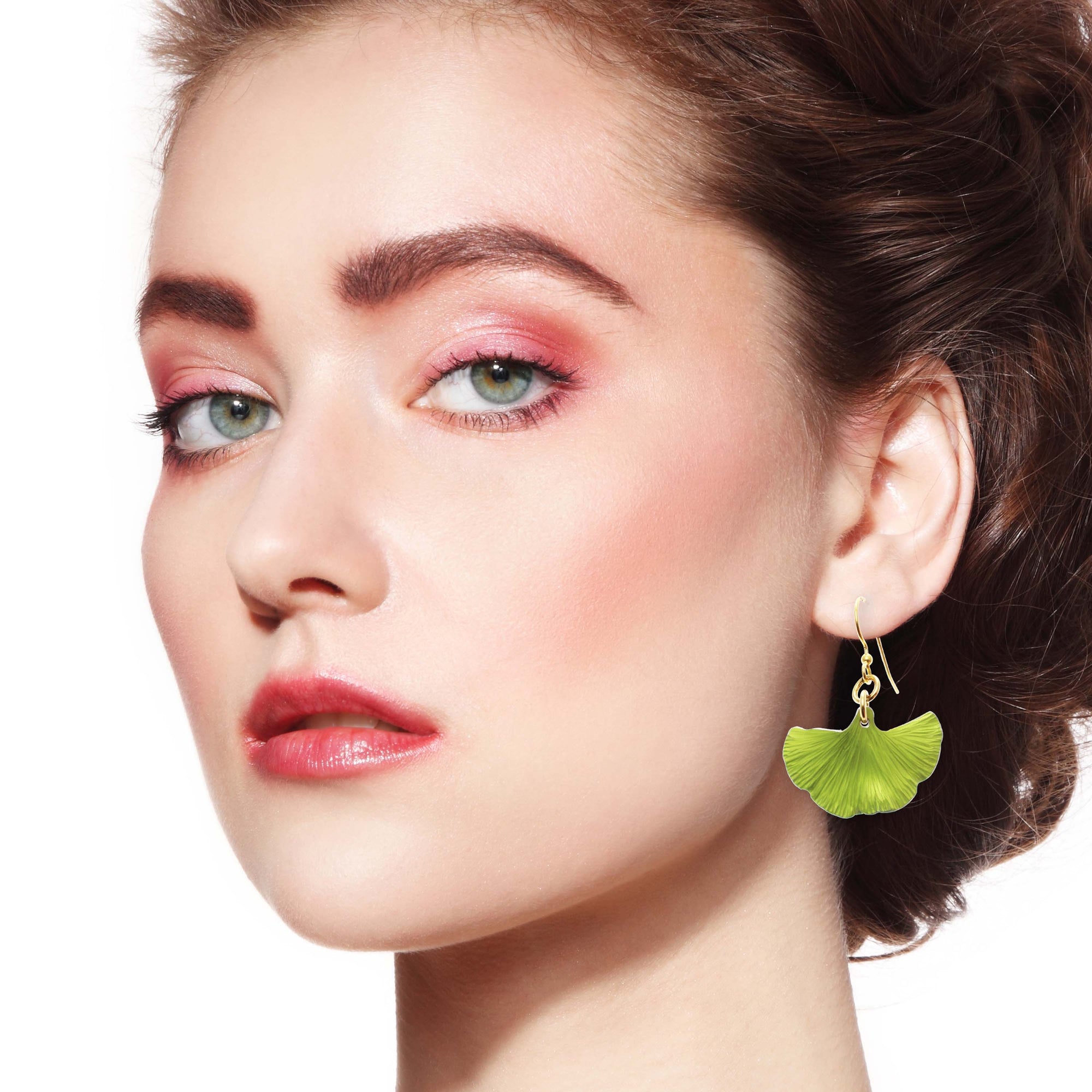 Elegant Redhead Female Model Wearing Small Ginkgo Leaf Anodized Aluminum Sour Candy Apple Earrings