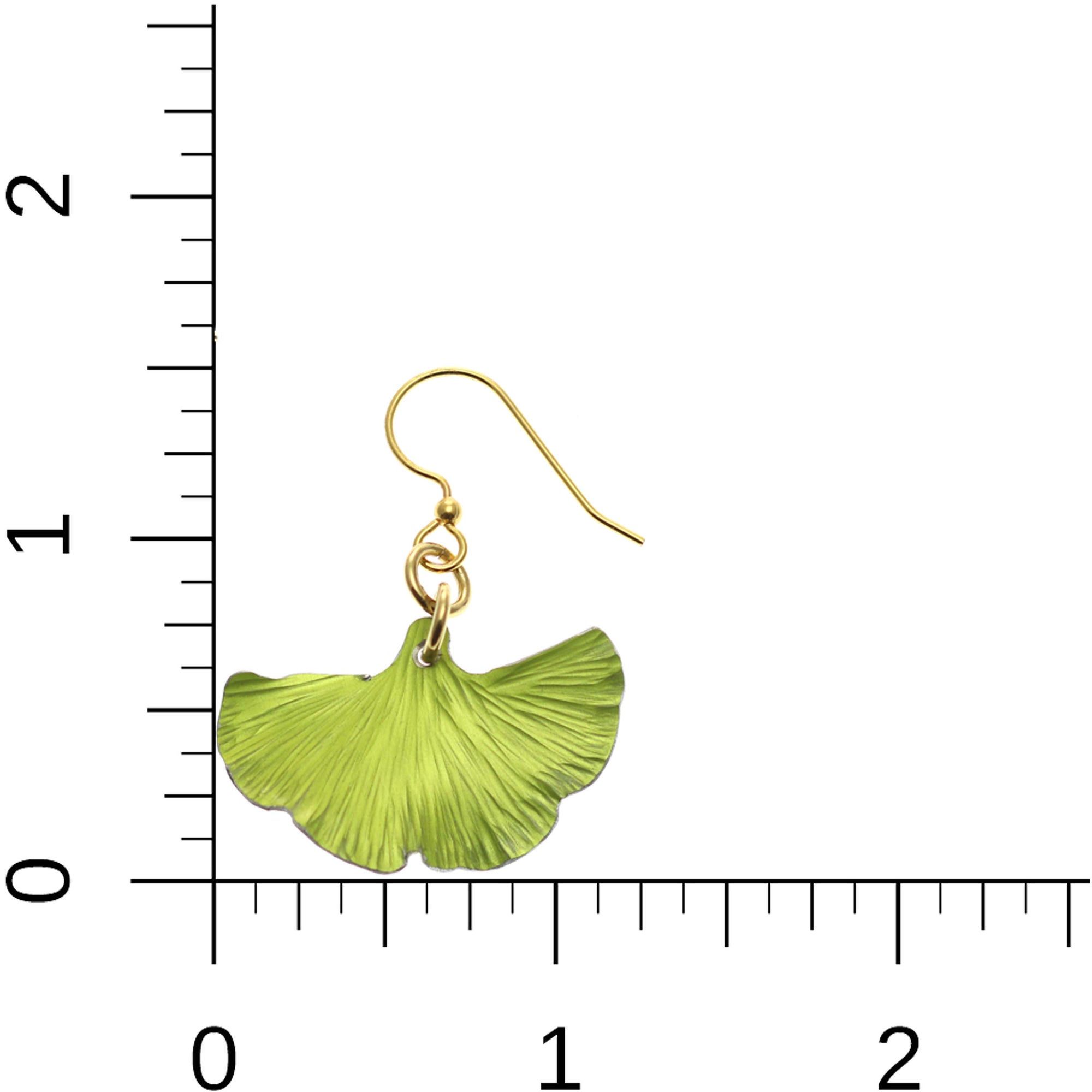 Small Ginkgo Leaf Anodized Aluminum Sour Candy Apple Earrings on Ruler for Size and Scale