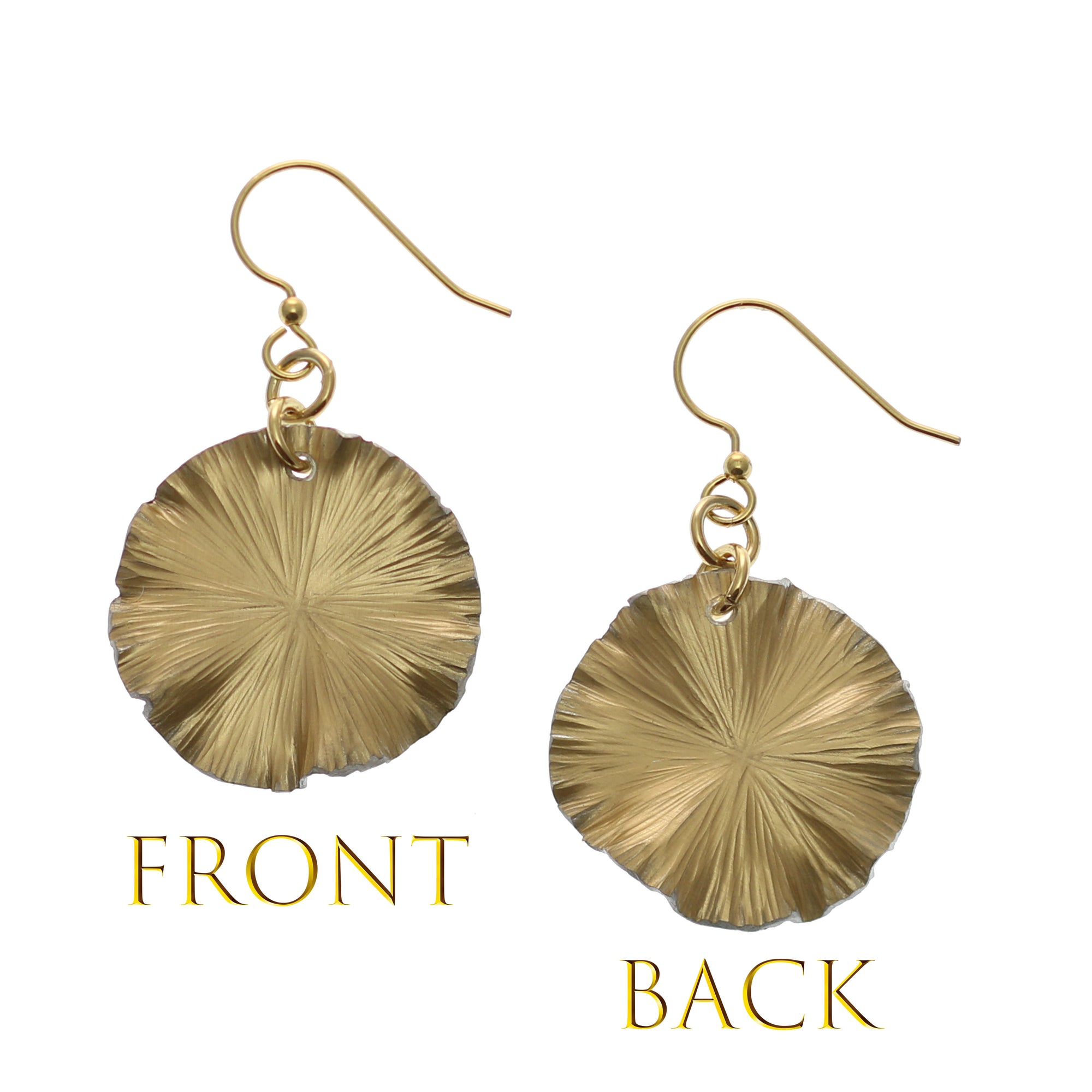 Front and Back View of Small Gold Anodized Lily Pad Leaf Drop Earrings