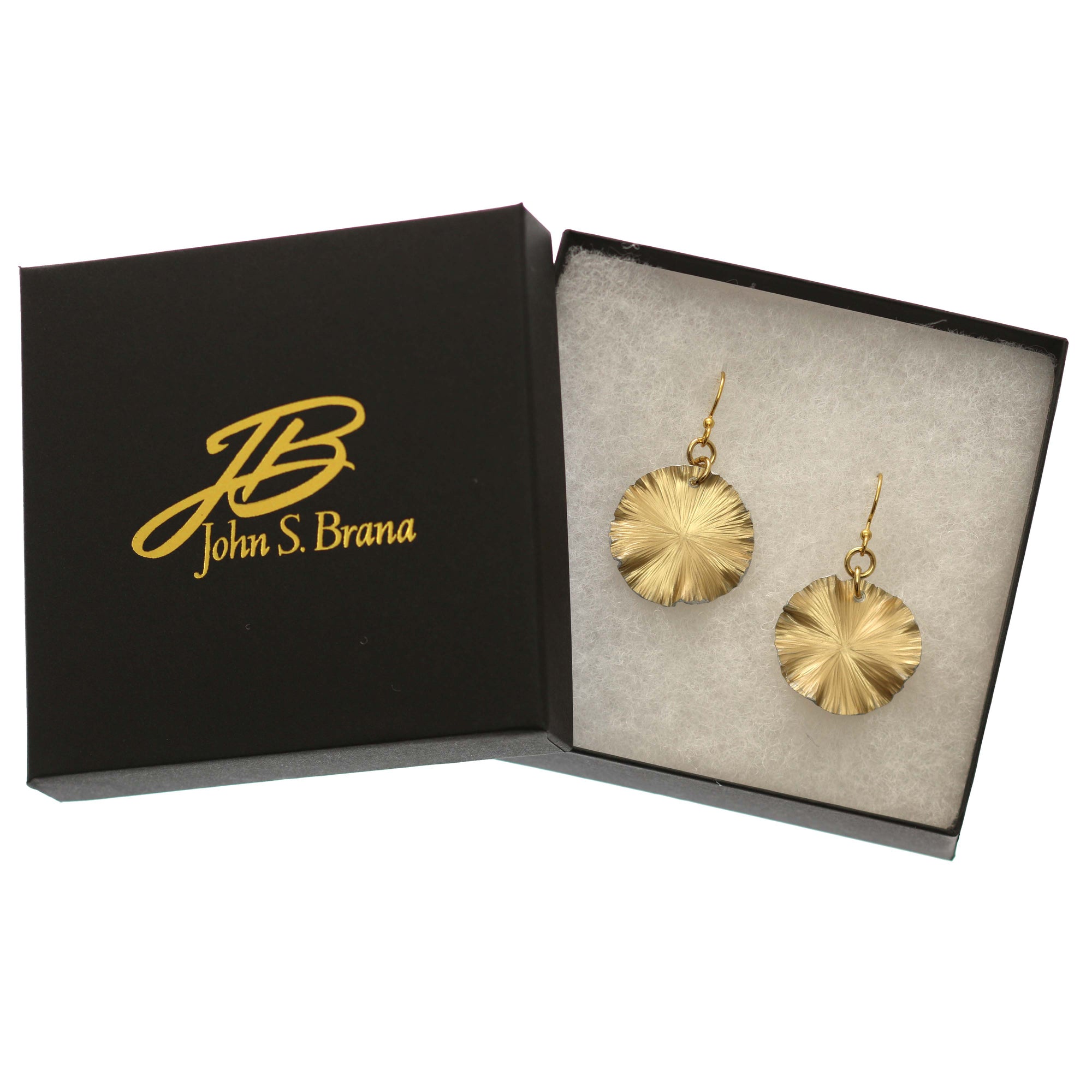 Small Gold Anodized Lily Pad Leaf Drop Earrings Displayed in a Black Gift Box