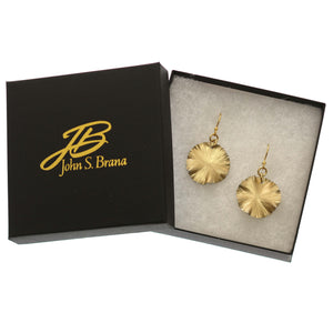 7 of 7: Small Gold Anodized Lily Pad Leaf Drop Earrings Displayed in a Black Gift Box