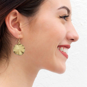 4 of 7: Smiling Women Wearing Small Gold Anodized Lily Pad Leaf Drop Earrings