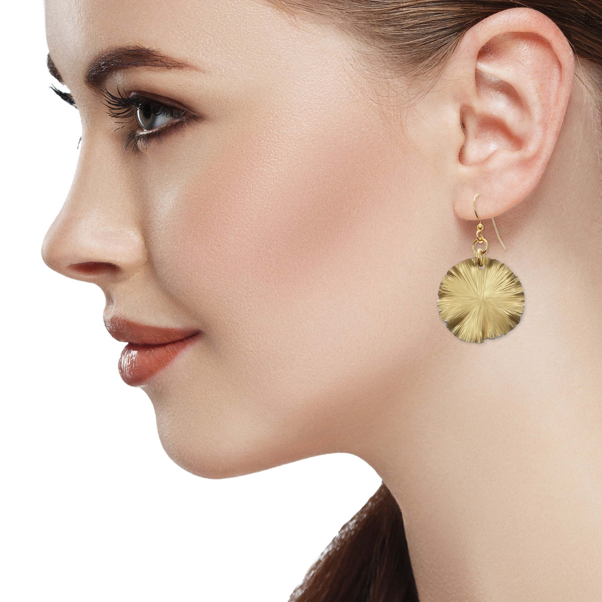 Stylish Female Model Wearing Small Gold Anodized Lily Pad Leaf Drop Earrings