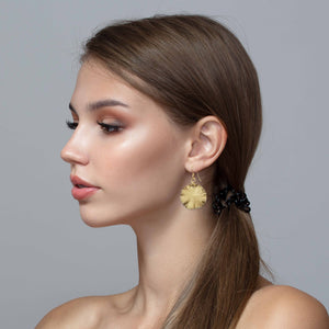 2 of 7: Elegant Women Wearing Small Gold Anodized Lily Pad Leaf Drop Earrings