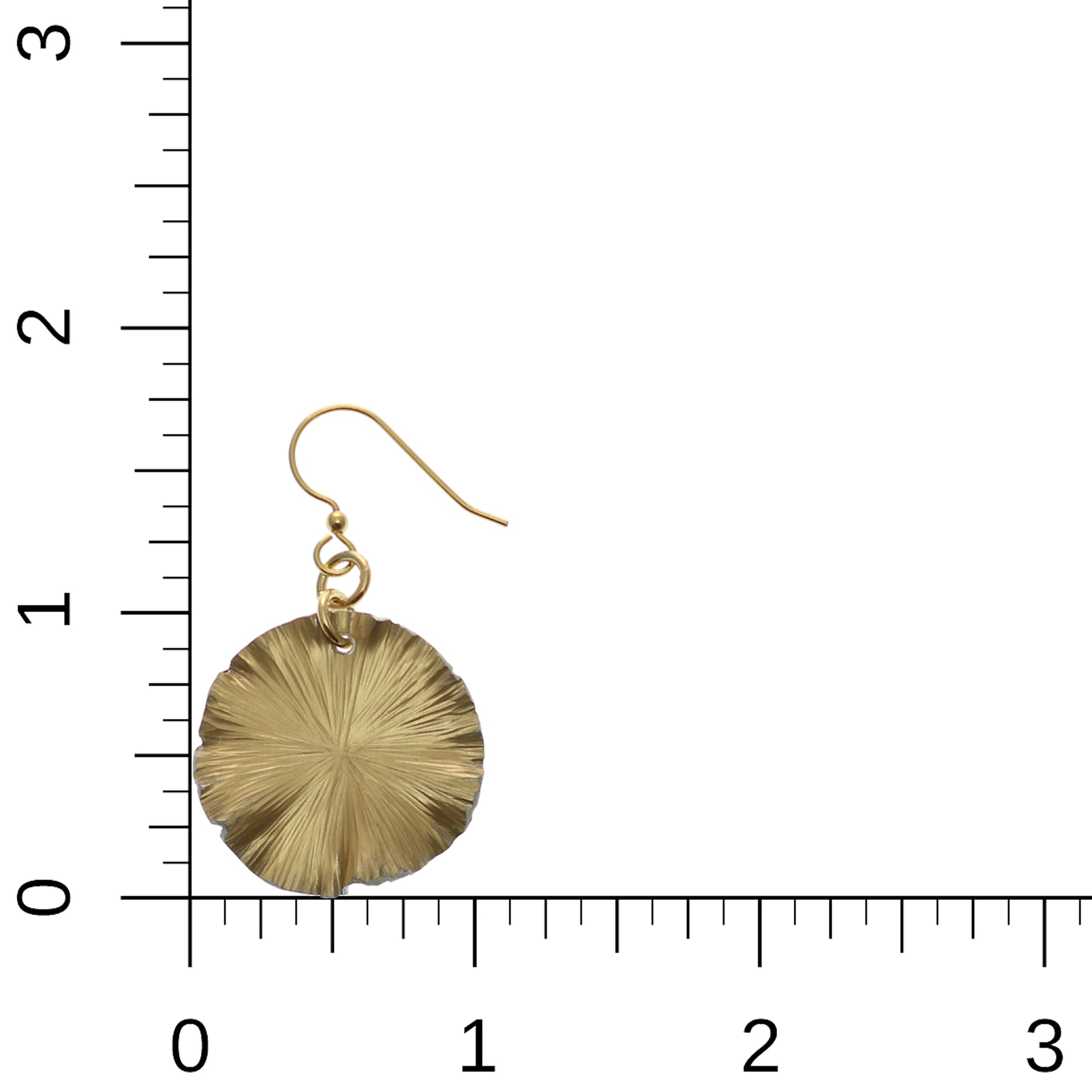 Small Gold Anodized Lily Pad Leaf Drop Earrings on Ruler for Size