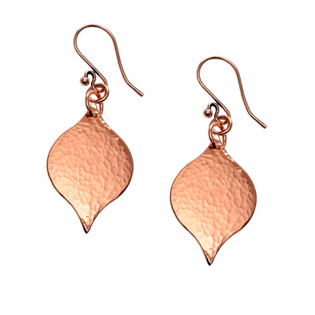 A Pair of Small Hammered Marrakesh Dangle Earrings on a White Background