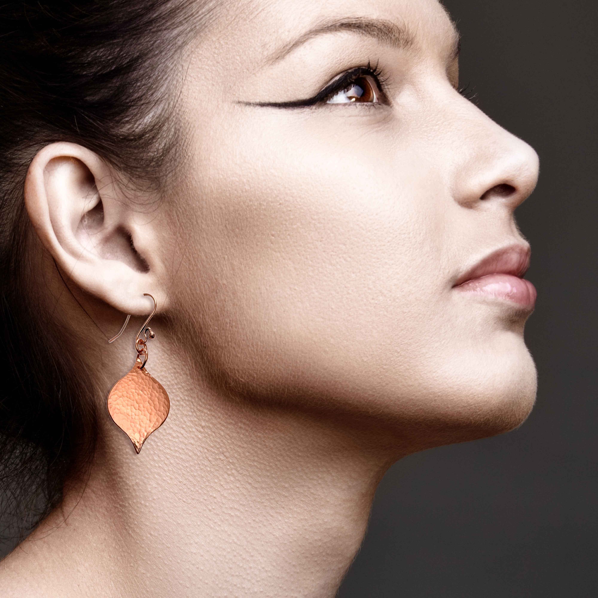 A Stunning Woman Wearing Small Hammered Copper Marrakesh Drop Earrings