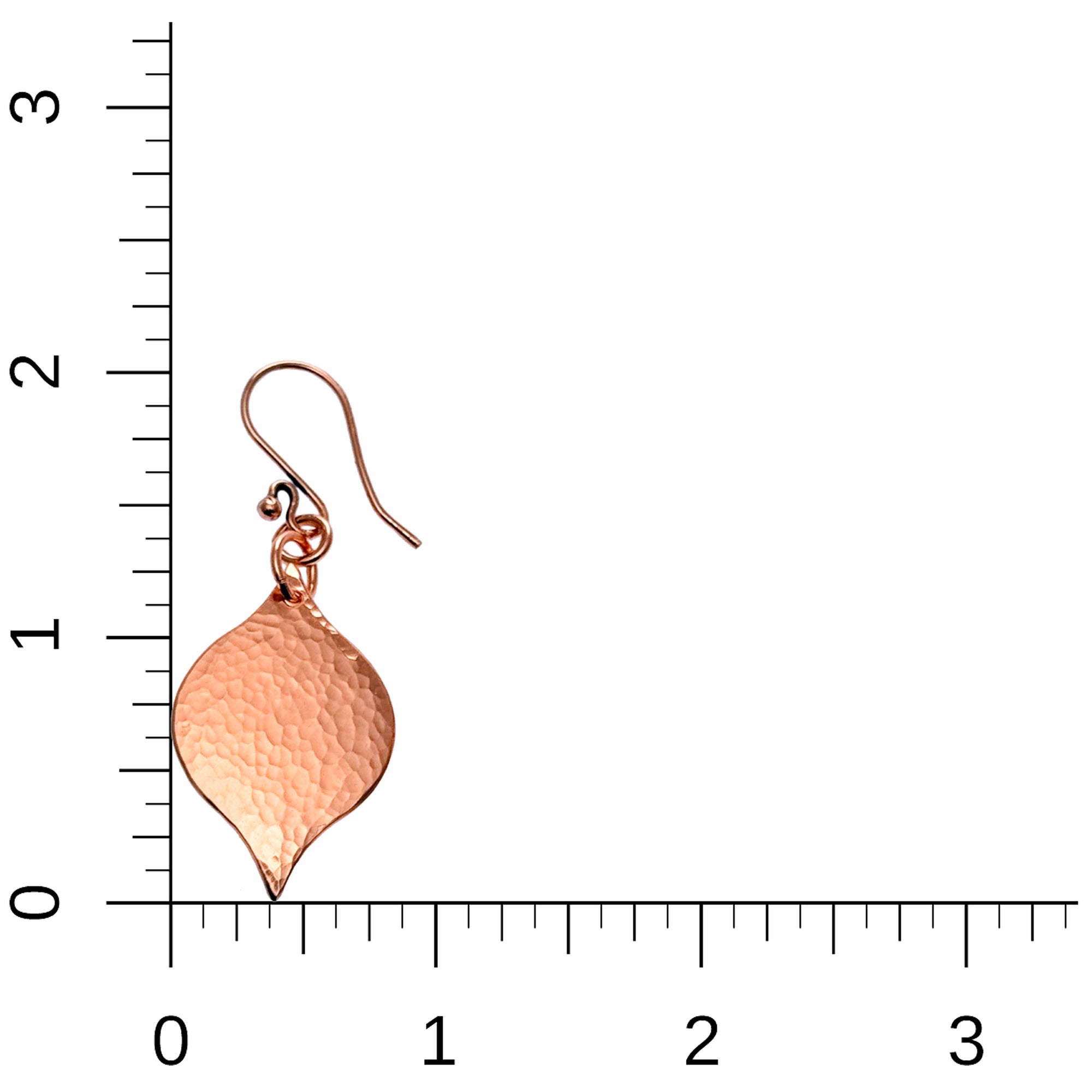 Small Hammered Copper Marrakesh Drop Earrings on a Ruler for Size Dimensions