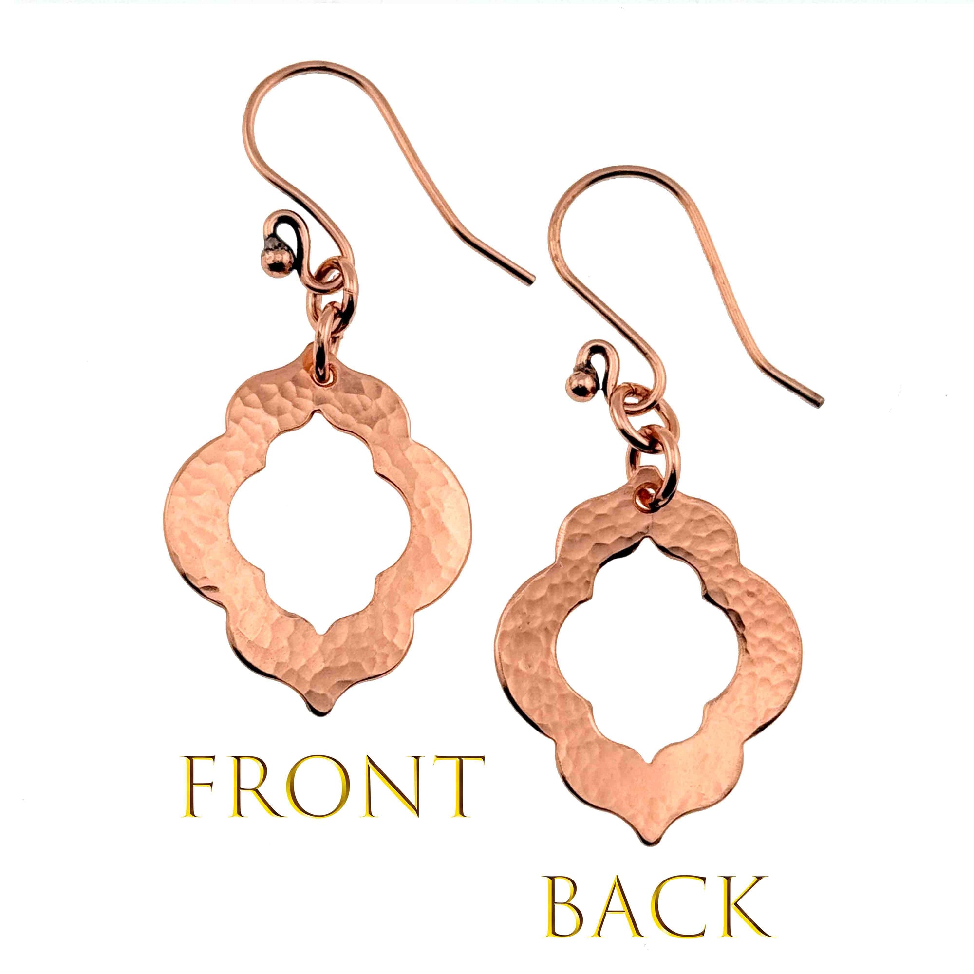 Front and Back Views of Small Hammered Copper Pierced Quatrefoil Dangle Earrings