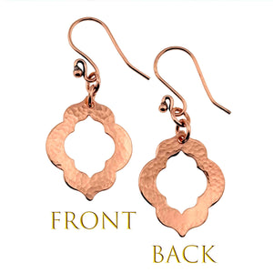 3 of 7: Front and Back Views of Small Hammered Copper Pierced Quatrefoil Dangle Earrings
