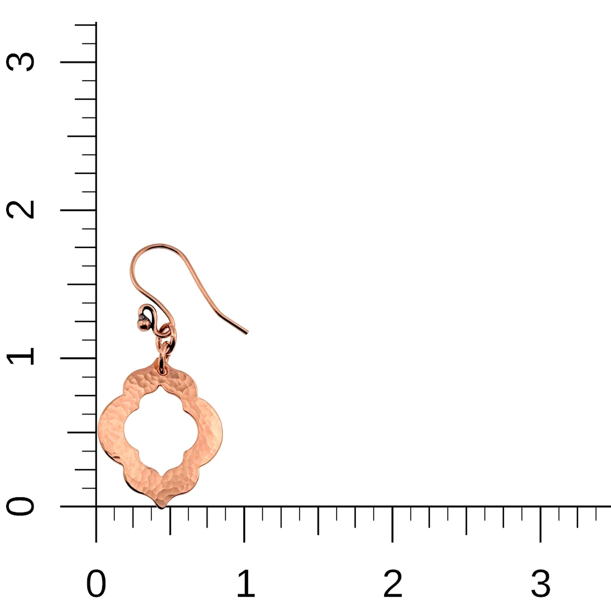 Small Hammered Copper Pierced Quatrefoil Dangle Earrings on a Ruler for Size Dimensions
