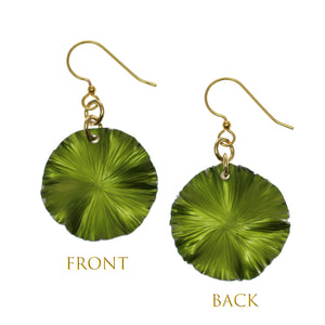 3 of 7: Small Lime Green Anodized Aluminum Lily Pad Leaf Drop Earrings Front and Back Views