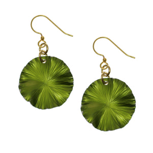 1 of 7: A Pair of Small Lime Green Anodized Aluminum Lily Pad Leaf Drop Earrings on a White Background