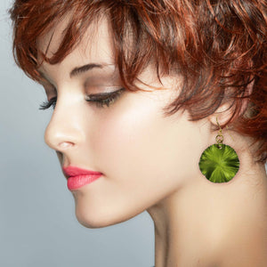 6 of 7: Stunning Red Haired Woman Wearing Small Lime Green Anodized Aluminum Lily Pad Leaf Drop Earrings