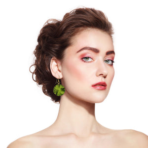 2 of 7: Elegant Woman Wearing Small Lime Green Anodized Aluminum Lily Pad Leaf Drop Earrings