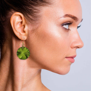 4 of 7: Fashionable Woman Wearing Small Lime Green Anodized Aluminum Lily Pad Leaf Drop Earrings