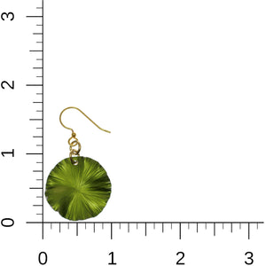 5 of 7: Small Lime Green Anodized Aluminum Lily Pad Leaf Drop Earrings on Ruler for Size Dimensions