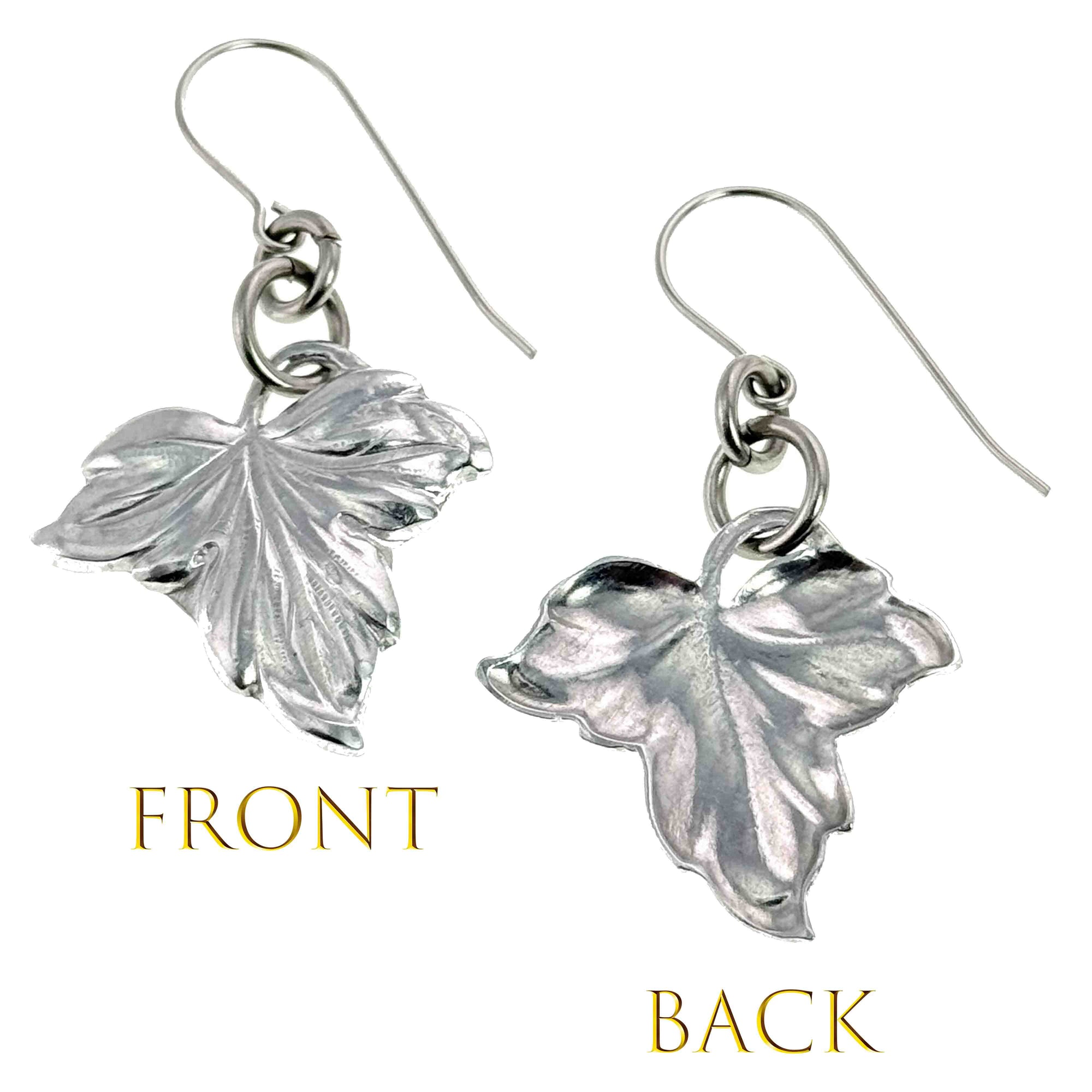 Small Maple Leaf Aluminum Dangle Earrings showing front and back views on a white background