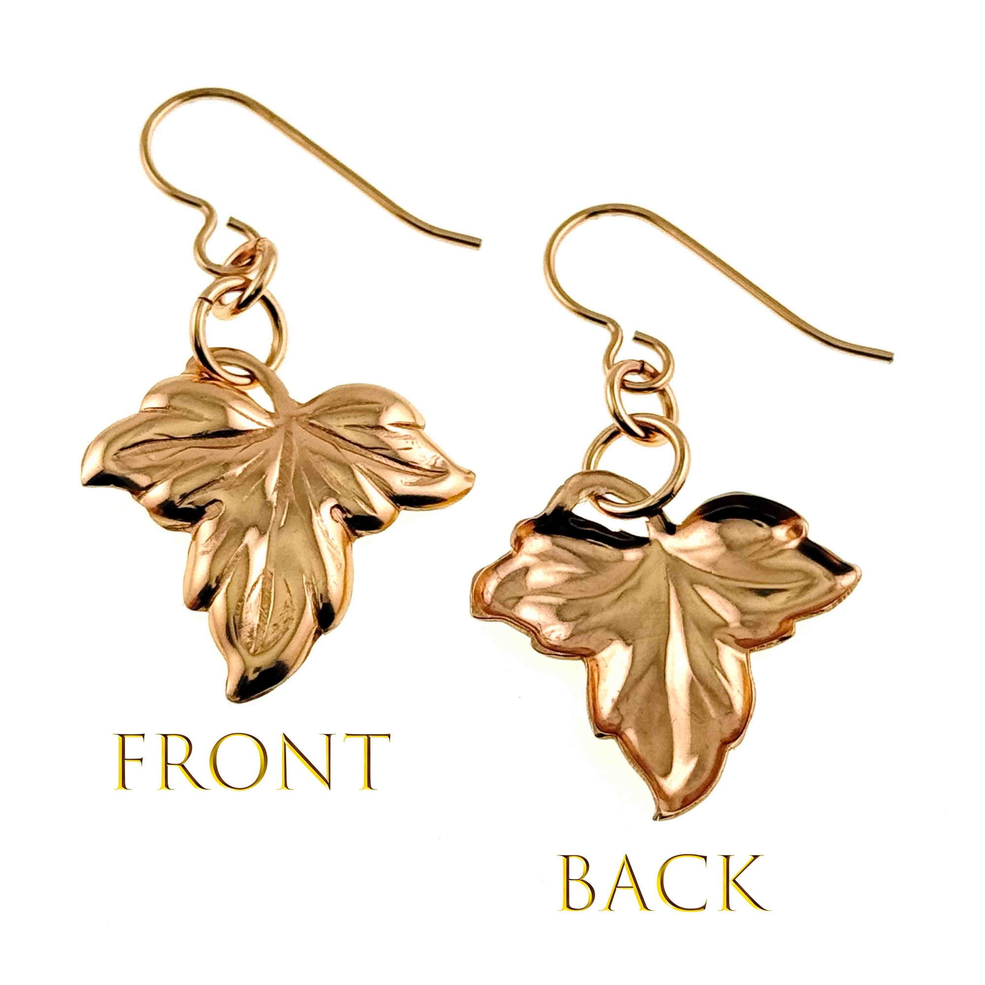 Small Maple Leaf Bronze Dangle Earrings showing front and back views on a white background