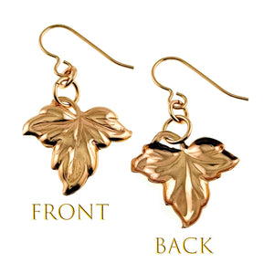 3 of 7: Small Maple Leaf Bronze Dangle Earrings showing front and back views on a white background