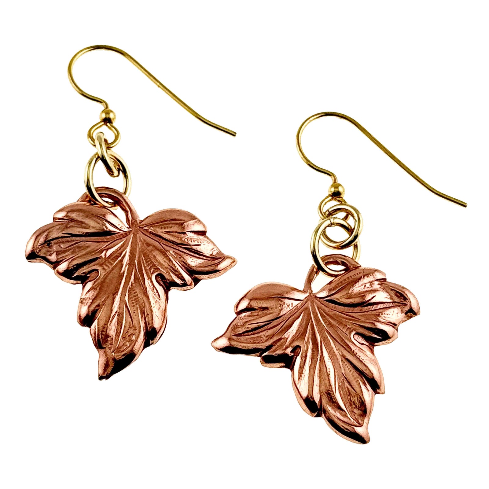 Small Maple Leaf Copper Dangle Earrings on a white background