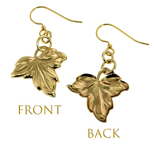 3 of 7: Small Maple Leaf Nu Gold Brass Dangle Earrings  showing front and back views on a white background