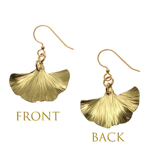 3 of 7: Small Nu Gold Brass Ginkgo Leaf Earrings - Front and Back View