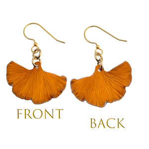 3 of 7: Front and Back Views of Small Orange Anodized Aluminum Ginkgo Leaf Earrings