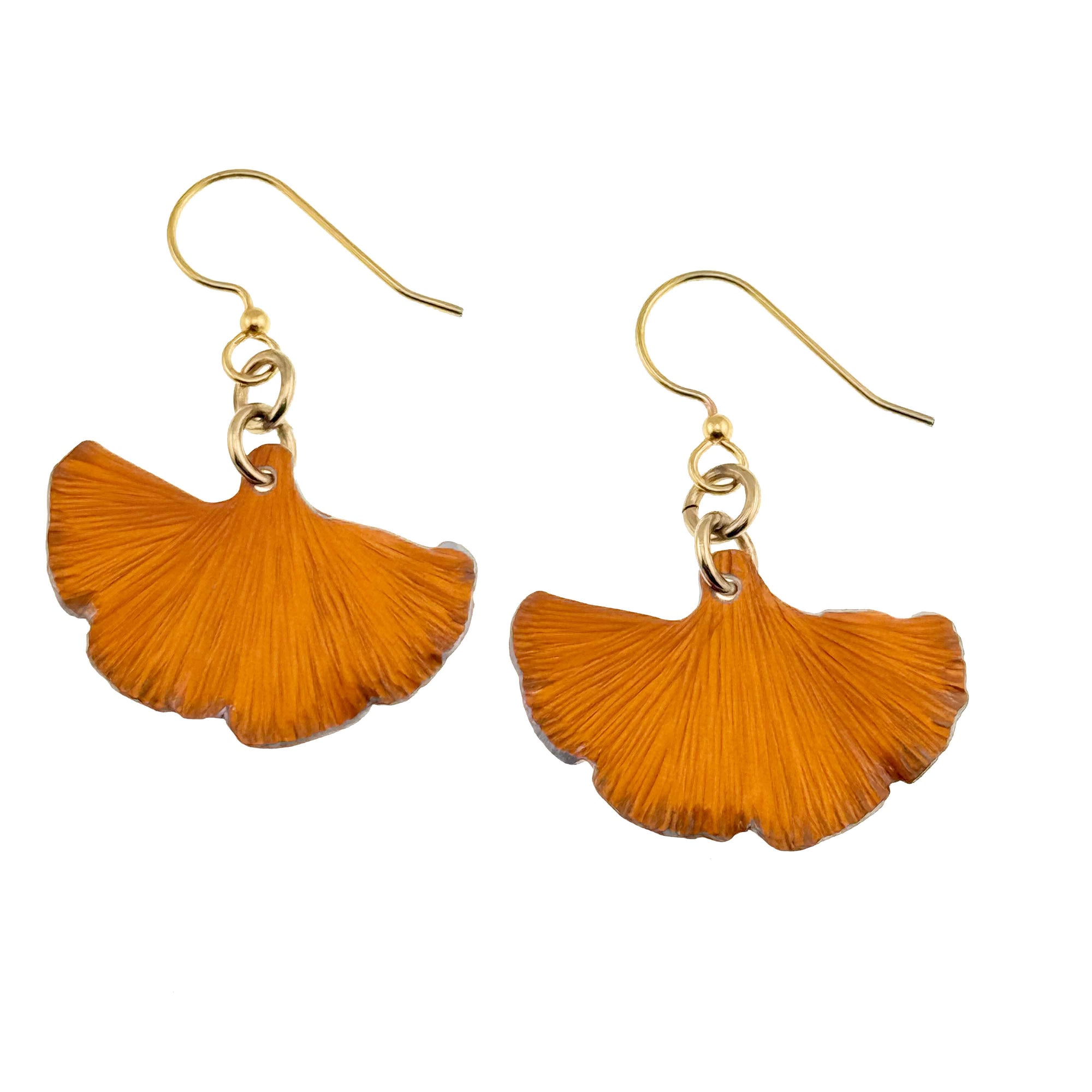 A Pair of Small Orange Anodized Aluminum Ginkgo Leaf Earrings on a White Background