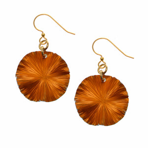 1 of 7: A Pair of Small Orange Anodized Aluminum Lily Pad Earrings on a White Background