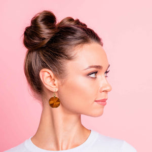 4 of 7: Fashionable Woman Wearing Small Orange Anodized Aluminum Lily Pad Earrings