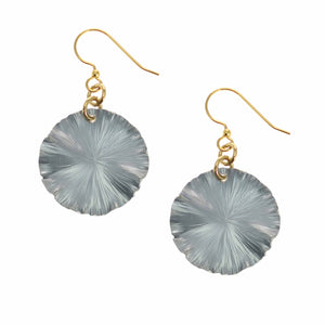 1 of 7: A Pair of Small Lily Pad Anodized Aluminum Pewter Gray Leaf Earrings on a White Background