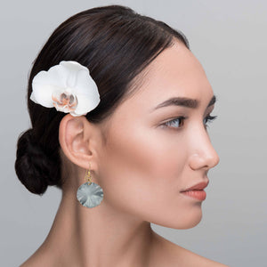 2 of 7: An Elegant Woman Wearing Small Lily Pad Anodized Aluminum Pewter Gray Leaf Earrings