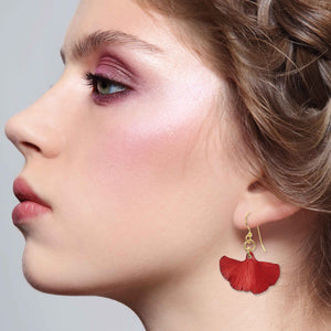 4 of 7: An Elegant Woman Wearing Small Red Ginkgo Leaf Anodized Aluminum Earrings 