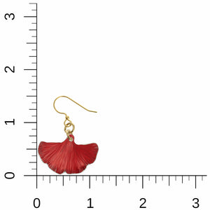5 of 7: Small Red Ginkgo Leaf Anodized Aluminum Earrings on a Ruler for Size Dimensions