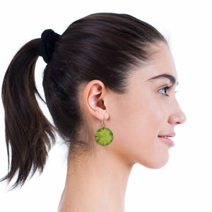 6 of 7: Fashionable Woman Wearing Small Sour Candy Apple Anodized Lily Pad Leaf Drop Earrings