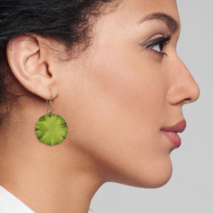 4 of 7: Stunning Woman Wearing Small Sour Candy Apple Anodized Lily Pad Leaf Drop Earrings