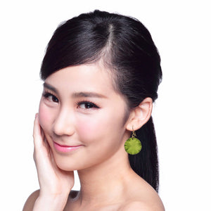 2 of 7: Elegant Woman Wearing Small Sour Candy Apple Anodized Lily Pad Leaf Drop Earrings