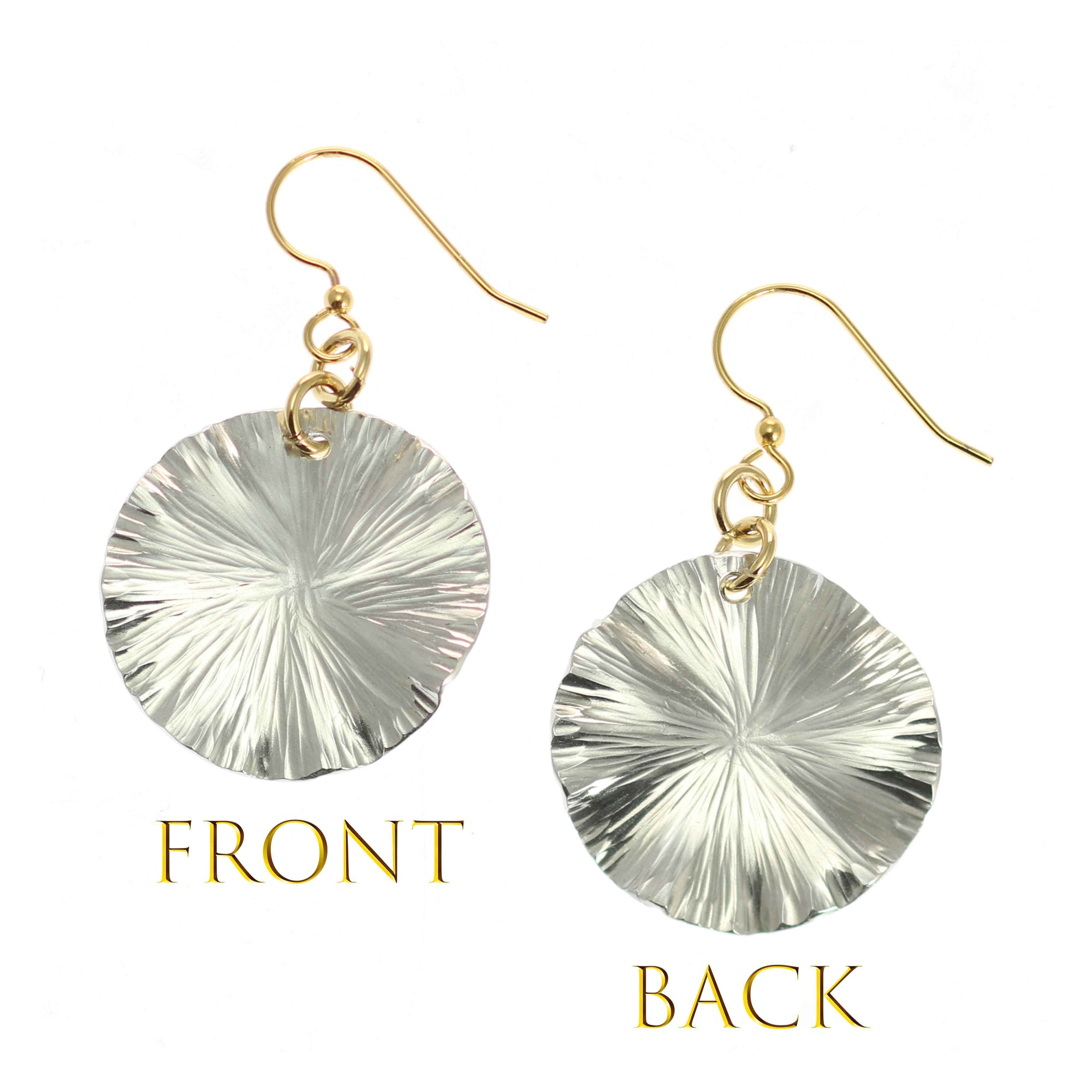 Front and Back Views of Small Aluminum Lily Pad Leaf Drop Earrings