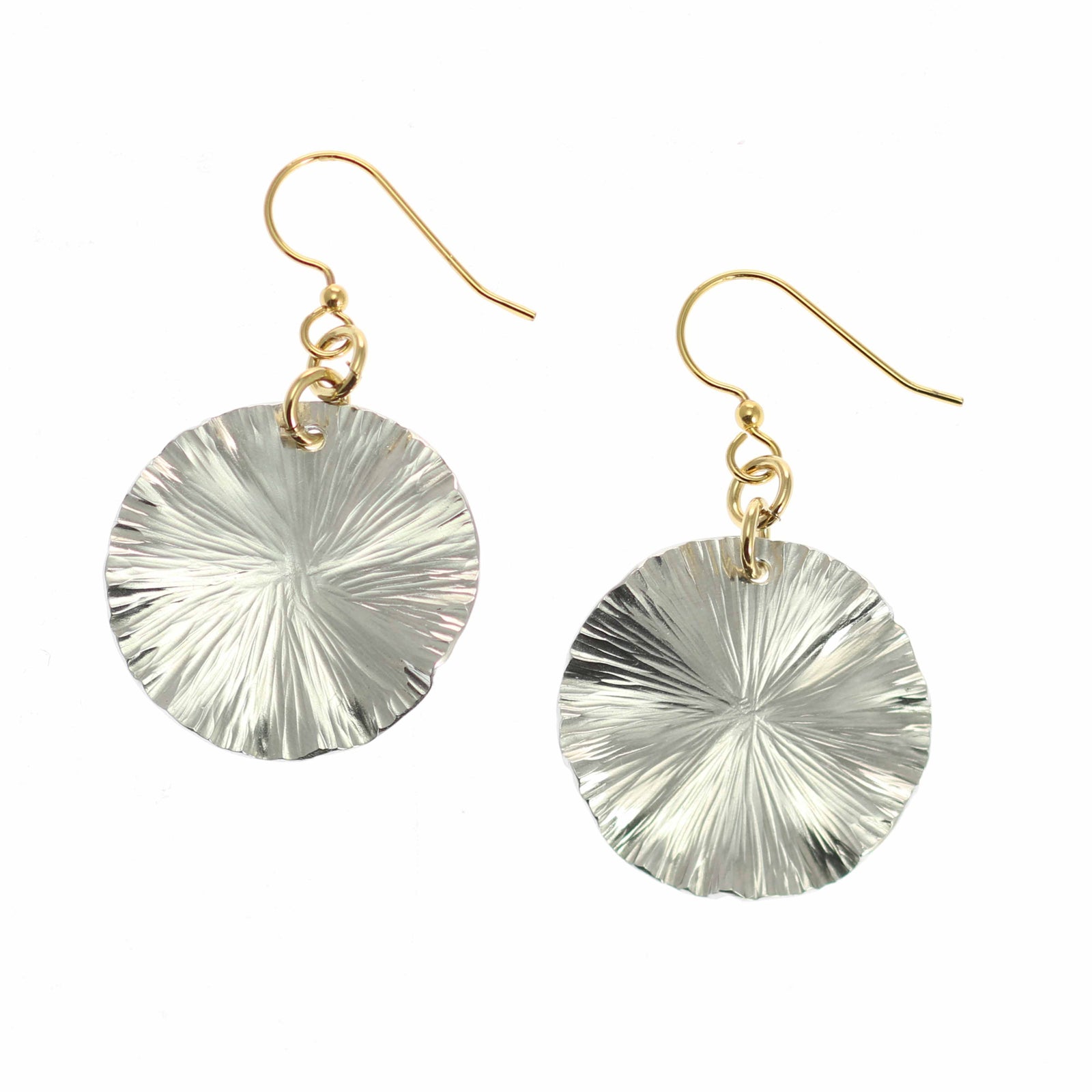 A Pair of Small Aluminum Lily Pad Leaf Drop Earrings on a White Background