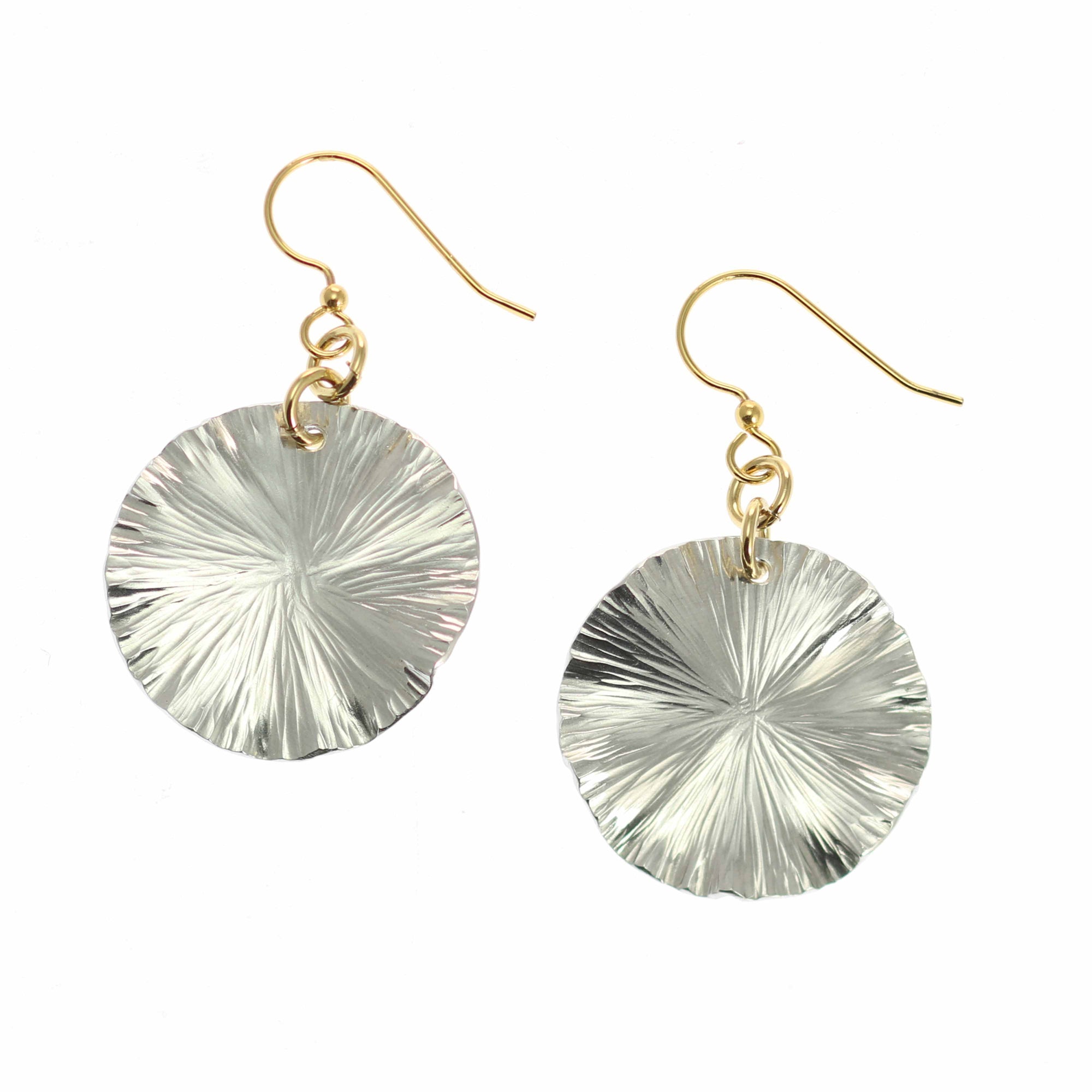 A Pair of Small Aluminum Lily Pad Leaf Drop Earrings on a White Background