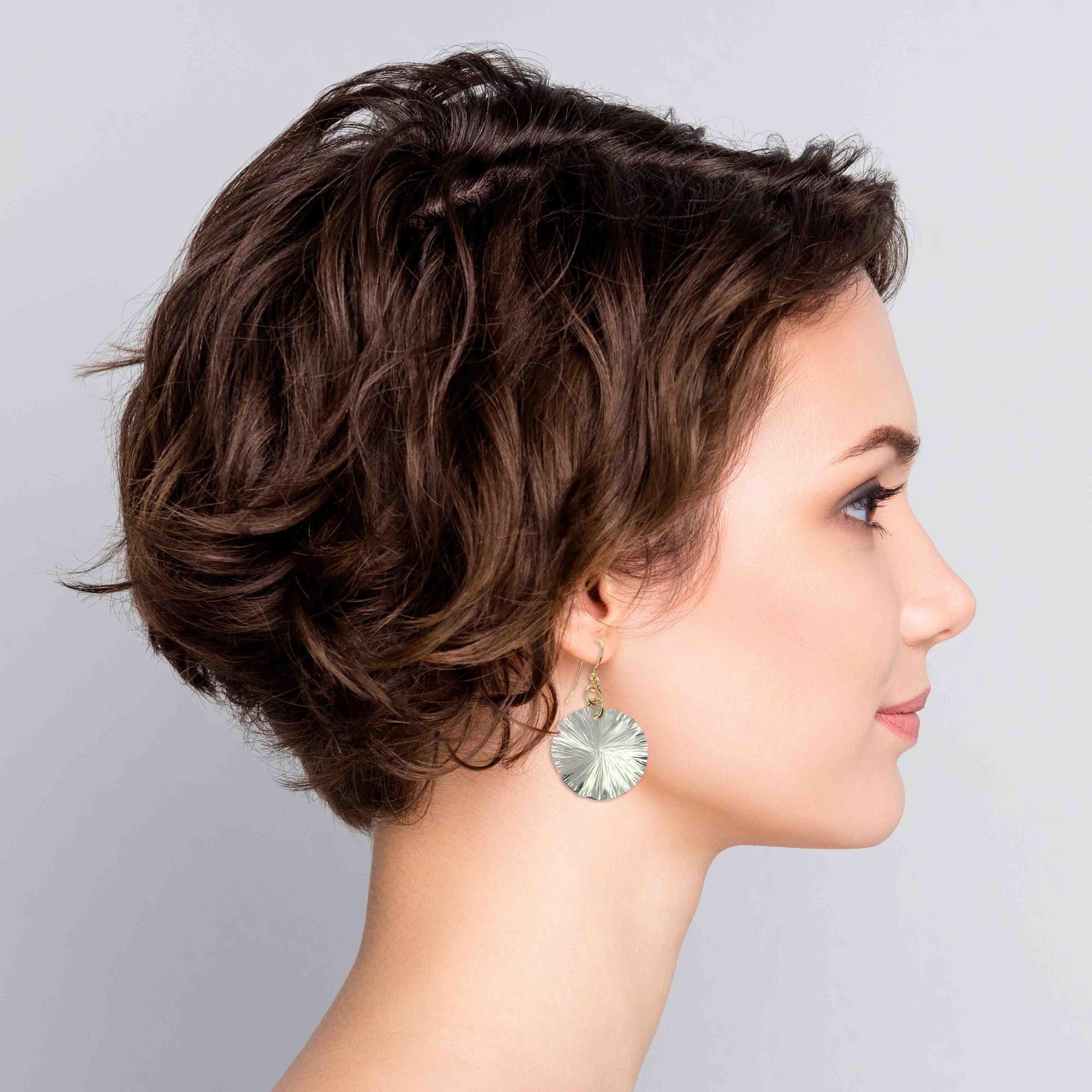 A Chic Redhead Wearing Small Aluminum Lily Pad Leaf Drop Earrings