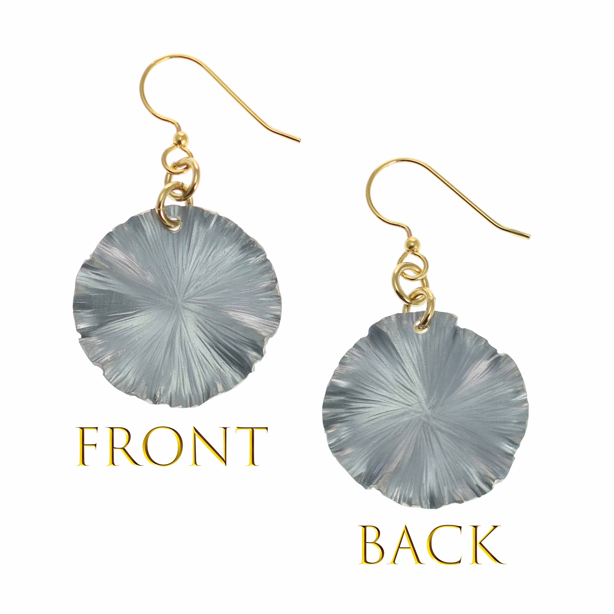 Front and Back Views of Small Pewter Gray Anodized Lily Pad Leaf Drop Earrings