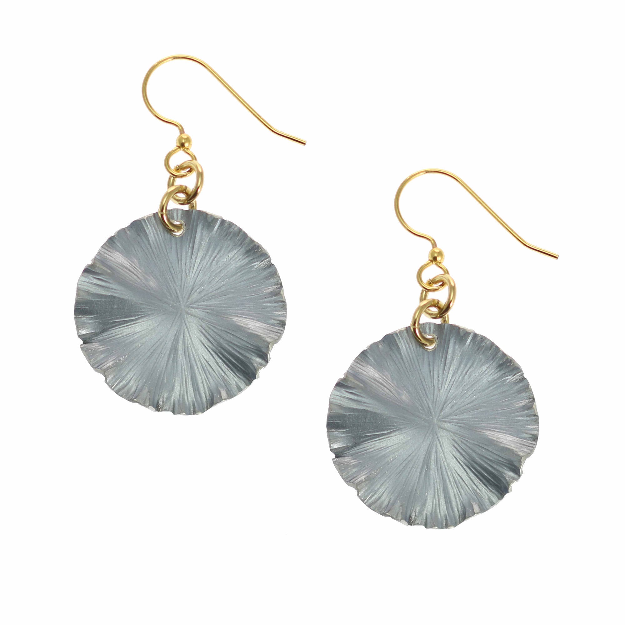 A Pair of  Small Pewter Gray Anodized Lily Pad Leaf Drop Earrings on a White Background