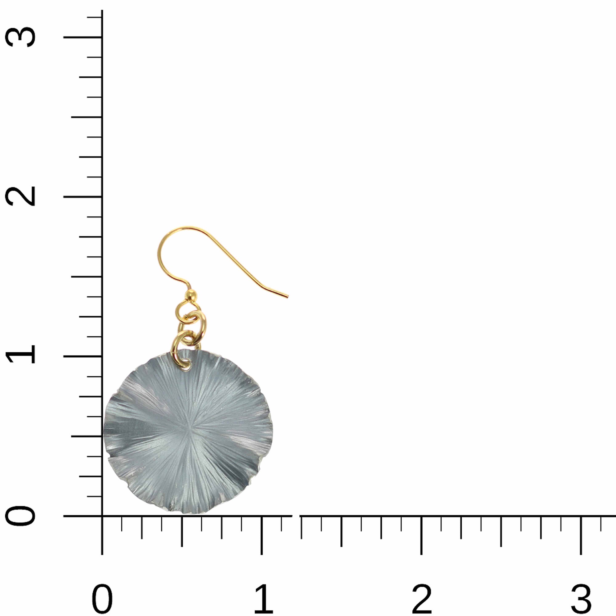 Small Pewter Gray Anodized Lily Pad Leaf Drop Earrings on a Ruler for Size Dimensions